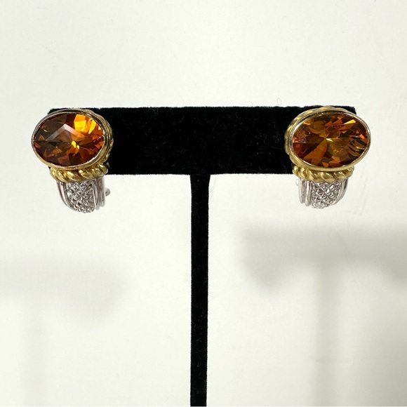 JUDITH RIPKA Sterling Silver 18K Gold Oval Honey Citrine and Diamond Earrings - Picture 1 of 11